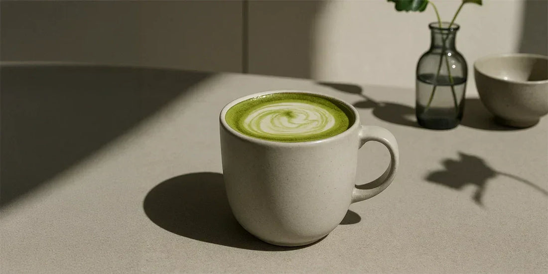 Weiße Tasse mit ästhetischem Ceremonial Matcha Latte auf hellem Tisch mit Vase und Schale im Hintergrund