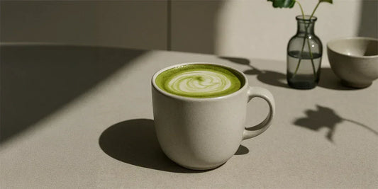 Weiße Tasse mit ästhetischem Ceremonial Matcha Latte auf hellem Tisch mit Vase und Schale im Hintergrund