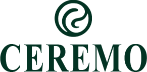 Ceremo Logo in weiß auf dunkelgrünem Hintergrund, minimalistisches Design, Markenzeichen